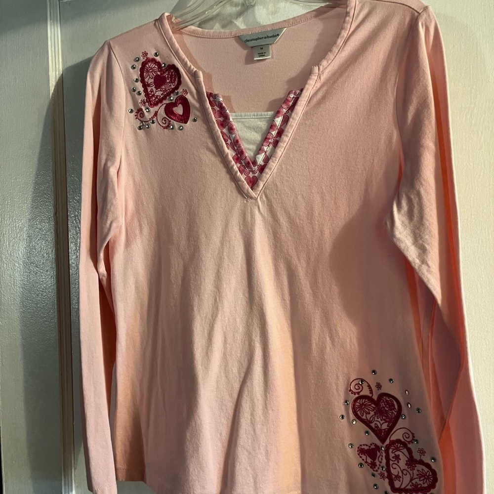 Christopher & Banks Light Pink Long Sleeve V-Neck Top with Heart Embellishments